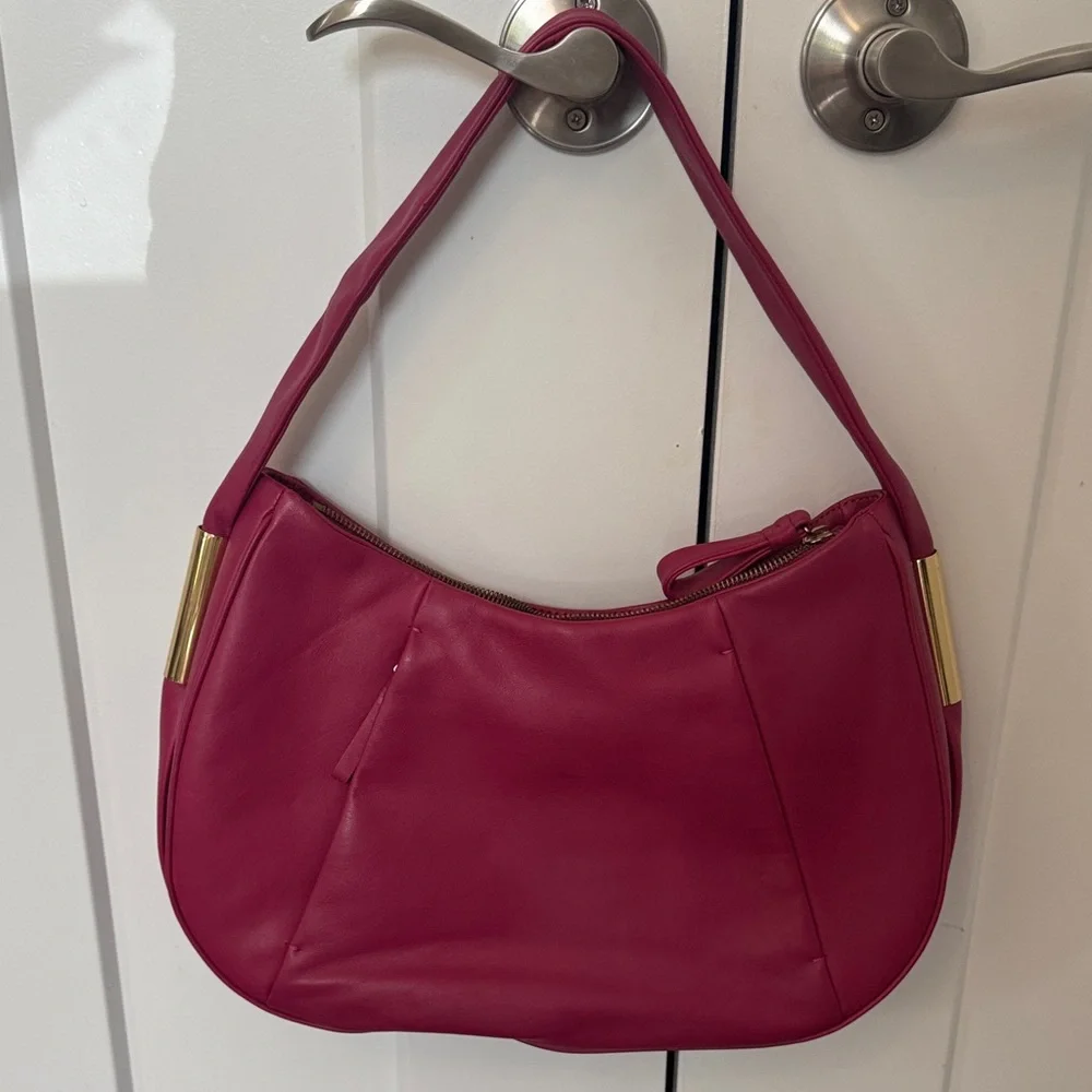 Alexandra Bartlett Fuchsia Crescent Shoulder Bag with Gold Hardware
